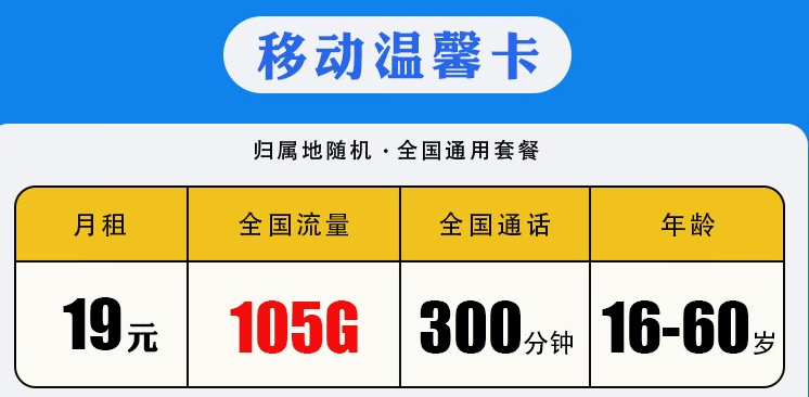 銀川移動(dòng)溫馨卡 月租19元包含105G全國(guó)流量300分鐘國(guó)內(nèi)通話 可加送副卡