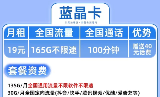 19元超優惠電信流量卡套餐|電信藍晶卡、電信鉆石卡|首月免費超大流量|抖音、騰訊隨便玩