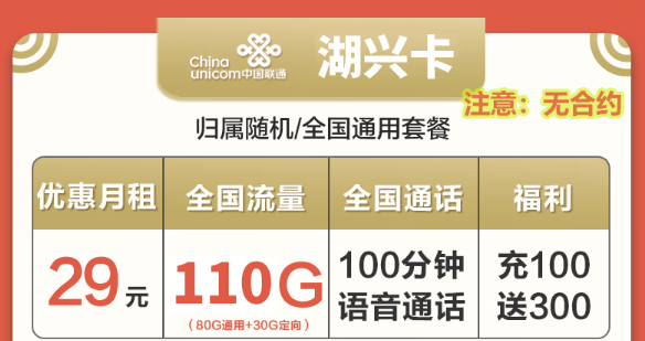 聯(lián)通湖興卡29元110G無合約+聯(lián)通楓槌卡59元302G全通用！